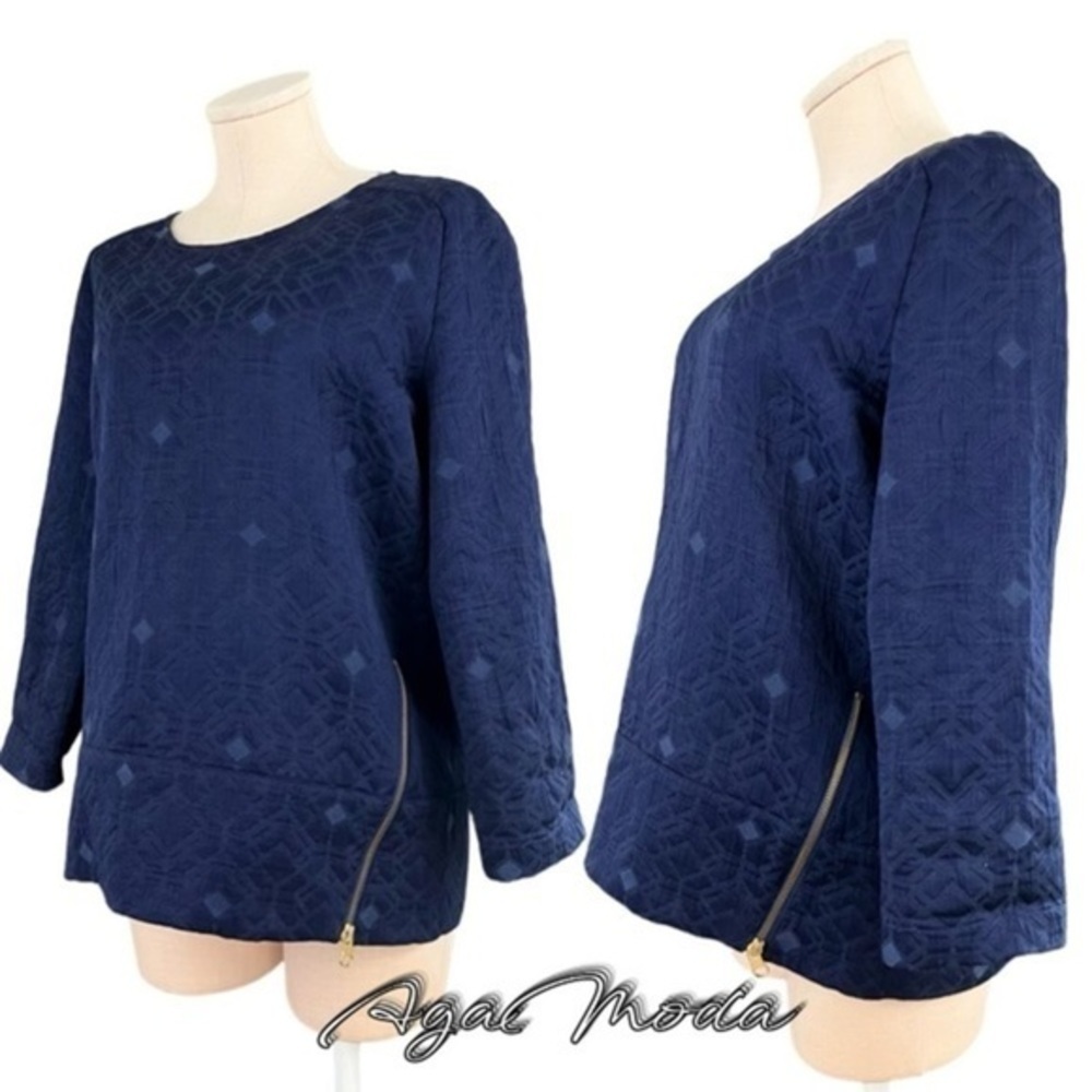 J. Crew Textured Boxy Navy Pull Over Top with Zipper Elements